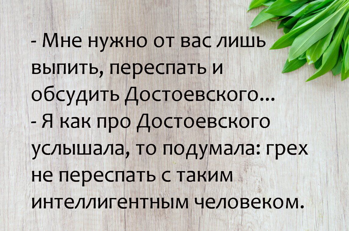Мне нужно от вас лишь выпить переспать и обсудить Достоевского Я как про Достоевского услышала то подумала грех не переспать с таким интеллигентным человеком