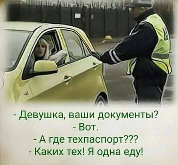 Девушка ваши документы Вот А где техпаспорт Каких тех Я одна еду