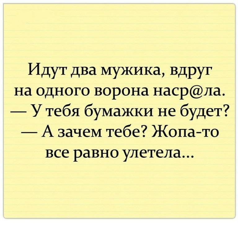 Идут два мужика Вдруг на одного ворона насрла У тебя бумажки не будет А зачем тебе Жопа то все равно улетела