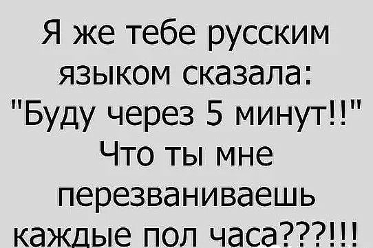Я же тебе русским языком сказала Буду через 5 минут Что ты мне перезваниваешь каждые пол часа