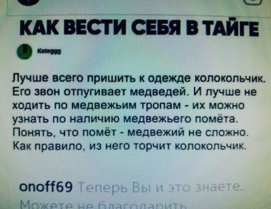 Лучше всего пришить к одежде колокольчик Его звон отпугивает медведей И лучше не ходить по медвежьим тропам их можно узнать по наличию медвежьего помёта Понять что помёт медвежий не сложно Как правило из него торчит колокольчик опоНбЭ Мпжьи