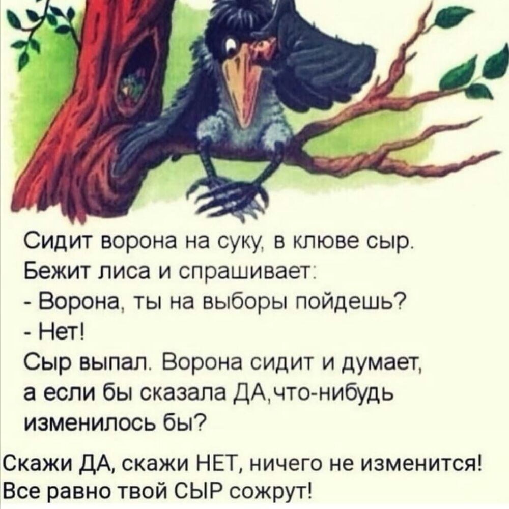 Сидит ворона на суку в клюве сыр Бежит лиса и спрашивает Ворона ты на выборы пойдешь Нет Сыр выпал Ворона сидит и думает а если бы сказала ДАчто нибудь изменилось бы Скажи ДА скажи НЕТ ничего не изменится Все равно твой СЫР сожрут