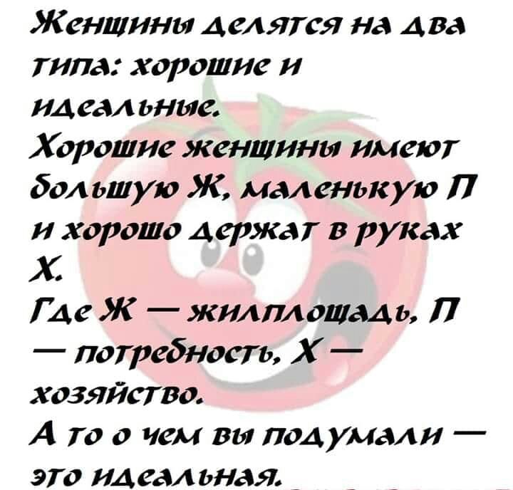Женщины делятся на два типа хорошие и ид еал ьние Хорошие женщины имеют большую Ж маленькую П и хорошо держат в руках Х Где Ж жилплоШМы П потребность Х хозяйство А то о чем вы подумали это идеальная _