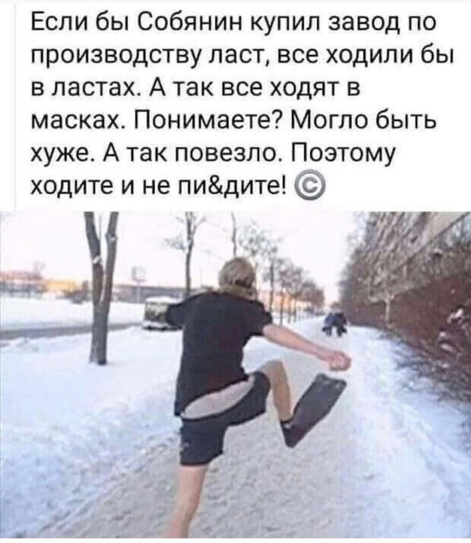 Если бы Собянин купил завод по производству ласт все ходили бы в ластах А так все ходят в масках Понимаете Могло быть хуже А так повезло Поэтому ходите и не пидите