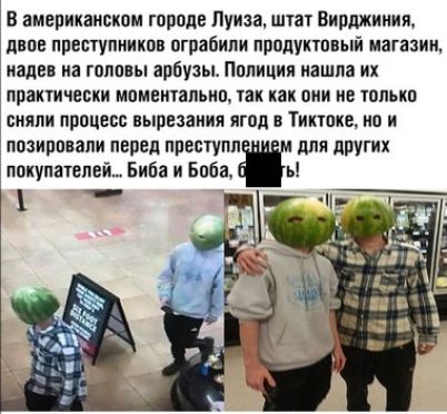 В америкаивком городе Луиза шаг Вирджиниж двое преступников ограбили продуктовый магазин надев на головы арбузы Полиция нашла их ПВПИЧЕВКИ МБМЕИТВПЬИП а как ШШ ИЕ только сияли процесс вырезания ягод в шишке но и позировали пвред преступл для других покупателей Биба и Боба ь