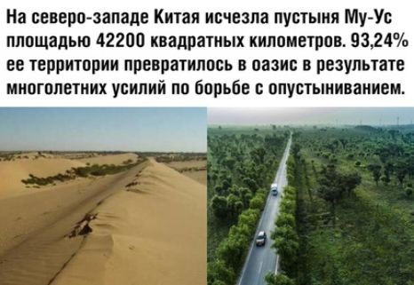 На северо западе Китая исчезла пустыня МуУс площадью 42200 квадратных километров 9324 ее территории превратилось в оазис в результате многолетних усилий по Борьбе опустыниваниеи