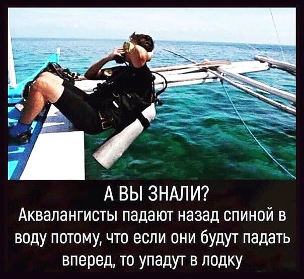 А ВЫ ЗНАЛ И Аквалангисты падают назад спиной в воду потомучто если они будут падать вперед то упадут в лодку