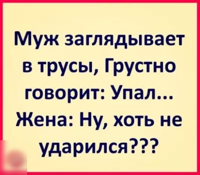 Муж заглядывает в трусы Грустно говорит Упал Жена Ну хоть не ударился