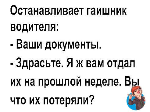 Останавливает гаишник водителя Ваши документы Здрасьте Я ж вам отдап их на прошлой неделе Вы что их потеряли