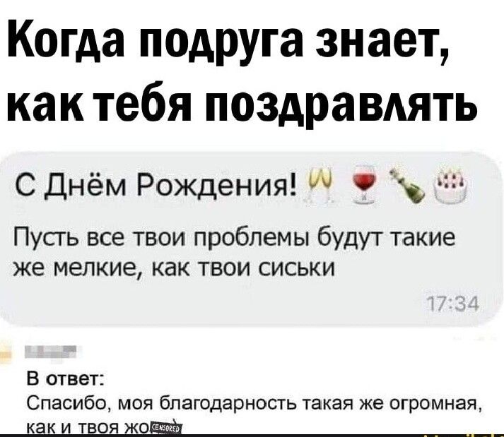 Когда подруга знает как тебя поздравдять С Днём Рождения Пусгь все твои проблемы будут такие же мелкие как твои сиськи В ответ Спасибо моя благодарность такая же огромная как И ТВОЯ ЖО