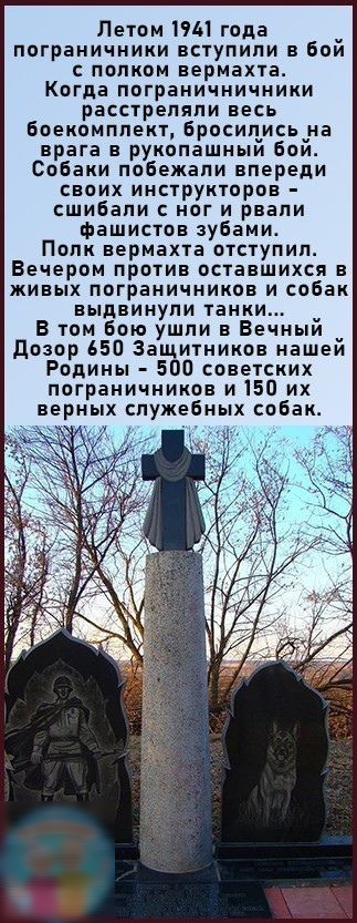 Летом 1941 года пограничники вступили в бои с полком вермахта Когда пограничничники расстреляли весь боекомплект Бросицисьчна врага в рукопашныи бои Собаки побежали впереди своих инструкторов сшибапи ног и рвали фашистов зубами Попк вермахта отступил Вечером против оставшихся в живых пограничников и собак выдвинули танки В том Бою ушли в Вечныи _ дозор 650 Защитников нашеи Родины 500 советских пог