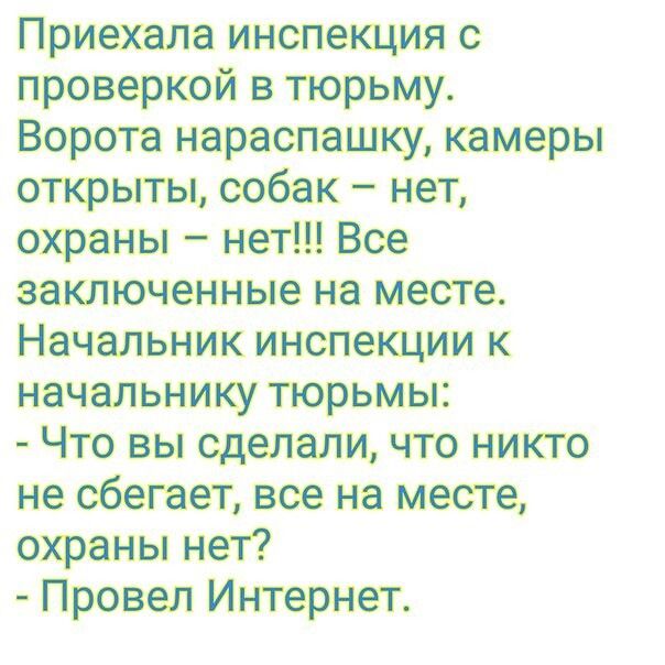 Приехала инспещия проверкой в тюрьму Ворота нараспешку камеры опфьпы собак нет охраны нет Все заключенные на месте Начальник инспекции к начальнику тюрьмы Что вы сделали чго никто не сбегает все на мосте охраны нет Провел Интернет