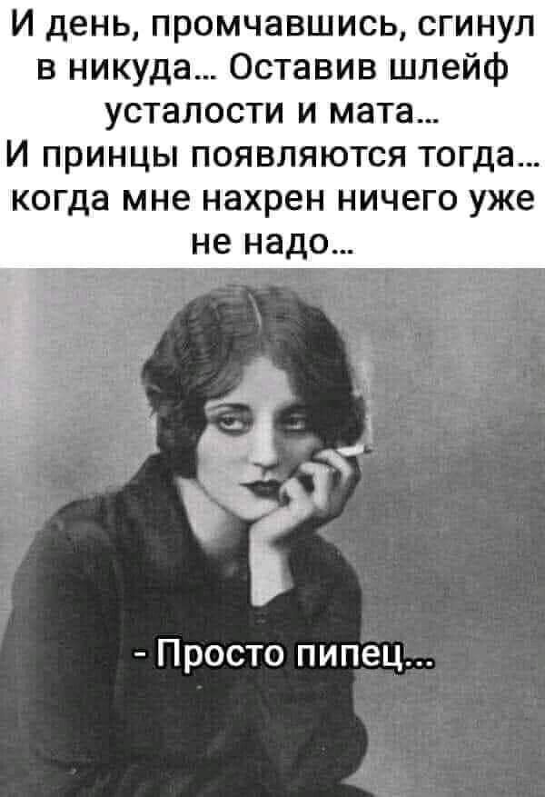 И день промчавшись сгинул в никуда Оставив шлейф усталости и мата И принцы появляются тогда когда мне нахрен ничего уже не надо Просто пипец