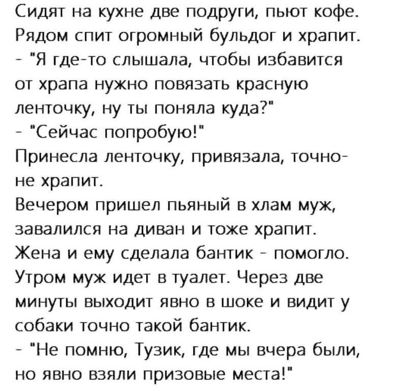 Сидят на кухне две подруги пыот кофе Рядом спит огромный бульдог и храпит Я гдето слышала чтобы избавится от храпа нужно повязать красную ленточку ну ты поняла куда Сейчас попробую Принесла ленточку привязала точно не храпит Вечером пришел пьяный в хлам муж завалился на диван и тоже храпит Жена и ему сделала бантик помогло Утром муж идет в туалет Через две минуты выходит явно в шоке и видит у соба