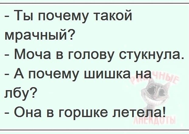 Ты почему такой мрачный Моча в голову стукнула А почему шишка на лбу Она в горшке летела