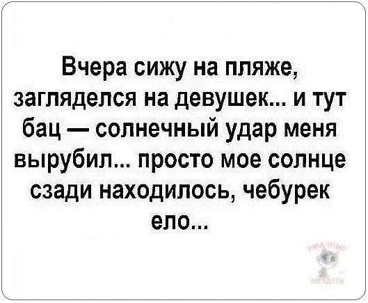 Вчера сижу на пляже загляделся на девушек и тут бац солнечный удар меня вырубил просто мое солнце сзади находилось чебурек ело