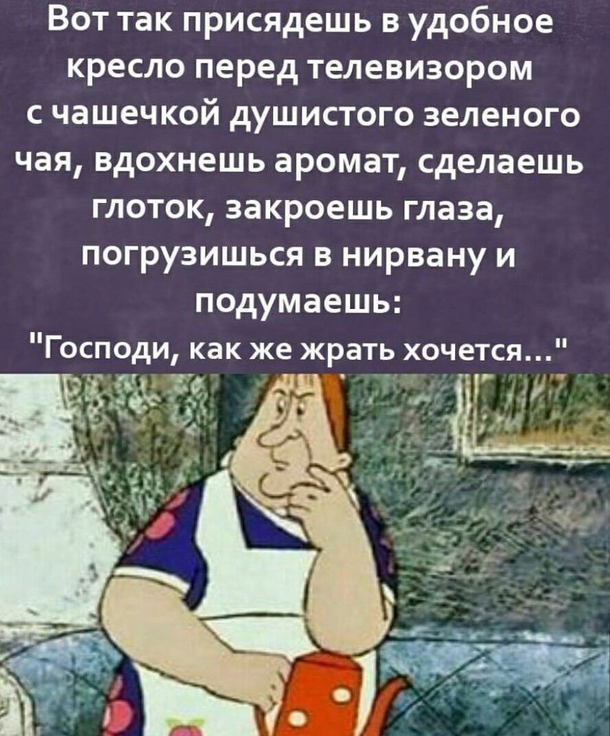 Вот так присядешь в удобное кресло перед телевизором с чашечкой душистого зеленого чая вдохнешь аромат сделаешь глоток закроешь глаза погрузишься в нирвану и подумаешь Господи как же жрать хочется