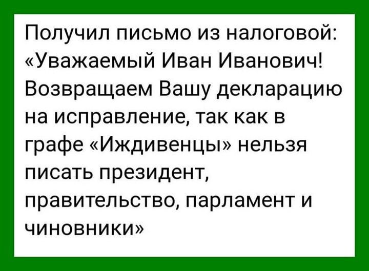 Получил письмо из налоговой Уважаемый Иван Иванович Возвращаем Вашу декларацию наисправлениетаккакв графе Иждивенцы нельзя писать президент правительство парламент и чиновники