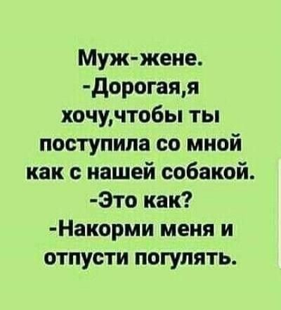 Муж жене дорогаяя хочучтобы ты поступила со мной как с нашей собакой Это как Накорми меня и отпусти погулять