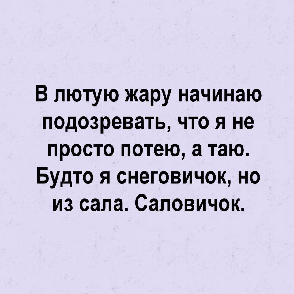 В лютую жару начинаю подозревать что я не просто потею а таю Будто я снеговичок но из сала Саловичок