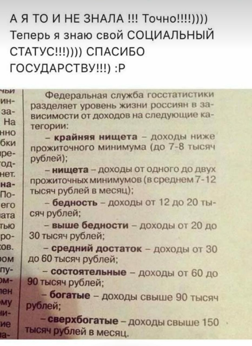 А Я ТО И НЕ ЗНАЛА ТОЧНО Теперь я знаю свой СОЦИАЛЬНЫЙ СТАТУС СПАСИБО ГОСУДАРСТВУ Р Федеральная служба госстатистики разделяет уровень жизни россиян в за висимости от доходов на следующие ка тегории кройки нищета доходы ниже прожиточного минимума до 78 тысяч рублей пищи доходы от одного до двух проточных минимумов в среднем 7 12 тысяч рублей в месяц _бодіюсть доходы от 12 до 20 ты сяч рублей выше б
