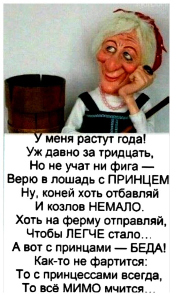 меня растут года Уж давно за тридцать Но не учат ни фига Верю в лошадь с ПРИНЦЕМ Ну коней хоть отбавляй И козлов НЕМАЛО Хоть на ферму отправляй Чтобы ПЕГЧЕ стало А вот с принцами БЕДА Как то не фартится То с принцессами всегда То всё МИМО мчится