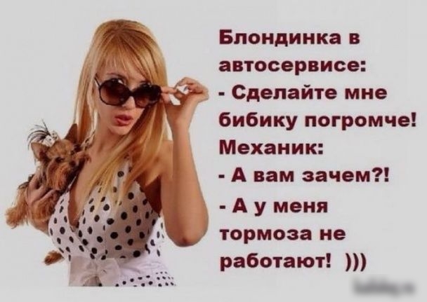 Блондинка в автосервисе Сделайте мне бибику погромче Механик А вам зачем А у меня тормоза не работают _