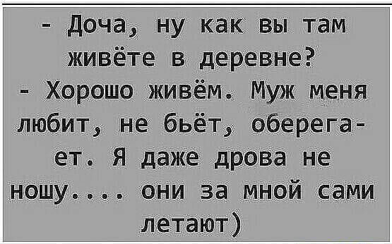 доча ну как вы там живёте в деревне Хорошо живём Муж меня любит не бьёт оберега ет Я даже дрова не ношу они за мной сами летают
