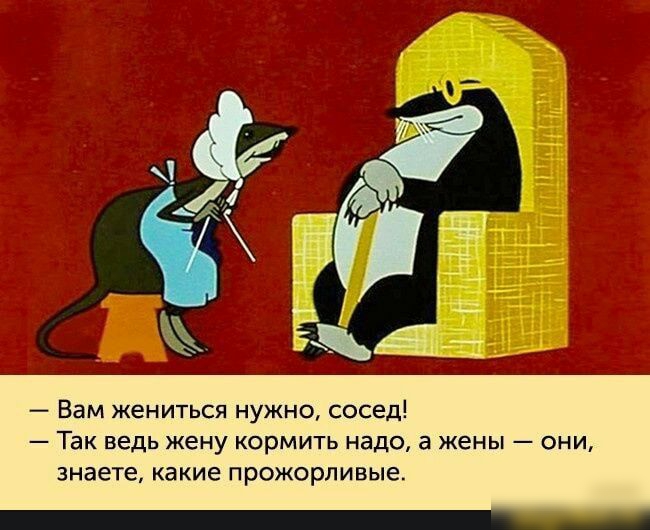 Вам жениться нужно сосед Так ведь жену кормить надо а жены они знаете какие прожорливые