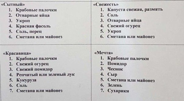 Шный Тпокесгь 1 Крябовш пшли ъ Кпп уст свежи размять 2 Отвярпысяйпп 1 г 3 Укроп Огнипиыеяйпя м Кри сияя ф Свежцйщуреп 5 Толь перец 5 Укроп о или м йонп в Сменив мяйоиш Кркввипя Мс пп Крабппыепщючки Крябпвые наличии 2 Сюн т Помидор Свежий пп лидар 3 Чеснок 4 Реп пит мм шп лук Сыр 5 Кукуруза Сми нии мійоиш 6 Соль 6 им 7 7 Сущики Смепия или м йиио