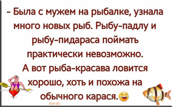 Была с мужем на рыбалке узнала много новых рыб Рыбу падлу и рыбу пидараса поймать практически невозможно А вот рыба красава ловится хорошо хоть и похожа на обычного карасяв и