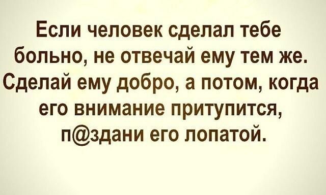 Если человек сделал тебе больно не отвечай ему тем же Сделай ему добро а потом когда его внимание притупится пздани его лопатой