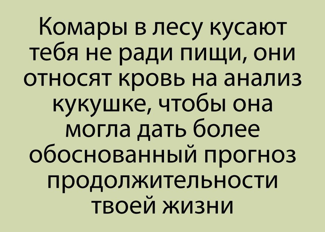 Комары в лесу кусают тебя не ради пищи они относят кровь на анализ кукушке чтобы она могла дать более обоснованный прогноз продолжительности твоей жизни