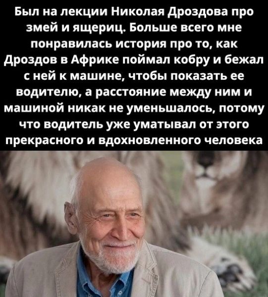 Был на лекции Николая дроздава про змей и ящериц Больше всего мне понравилась история про то как дроздпв в Африке поймал кобру и бежал с ней к машине чтобы показать ее водителю а расстояние между ним и машиной никак не уменьшалось потому что водитель уже уматывал от этого прекрасного и вдохновленного человека