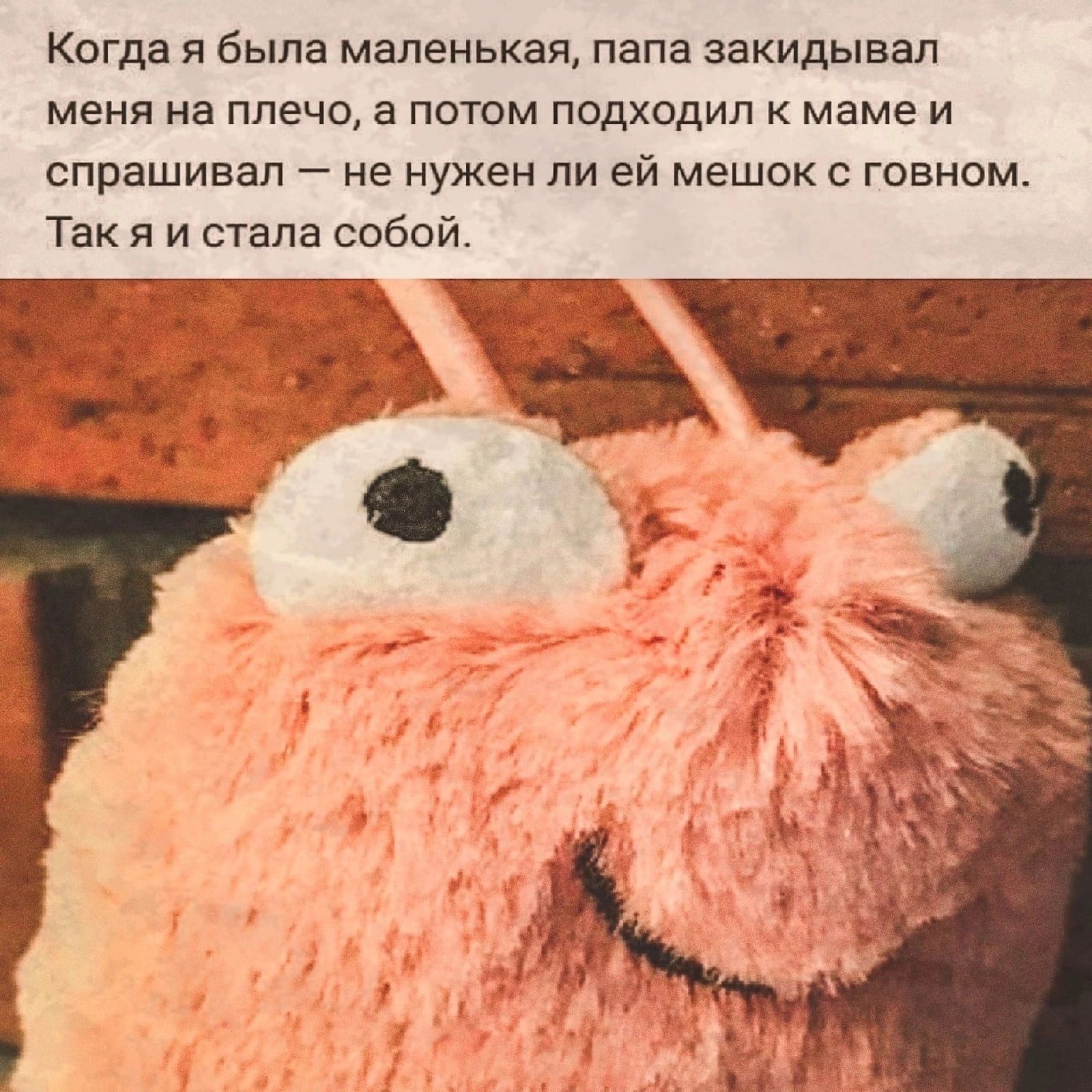 Когда я была маленькая папа закидывая меня на плечо а потом подходил к маме и спрашивал не нужен ли ей мешок говном Так я и стала собой