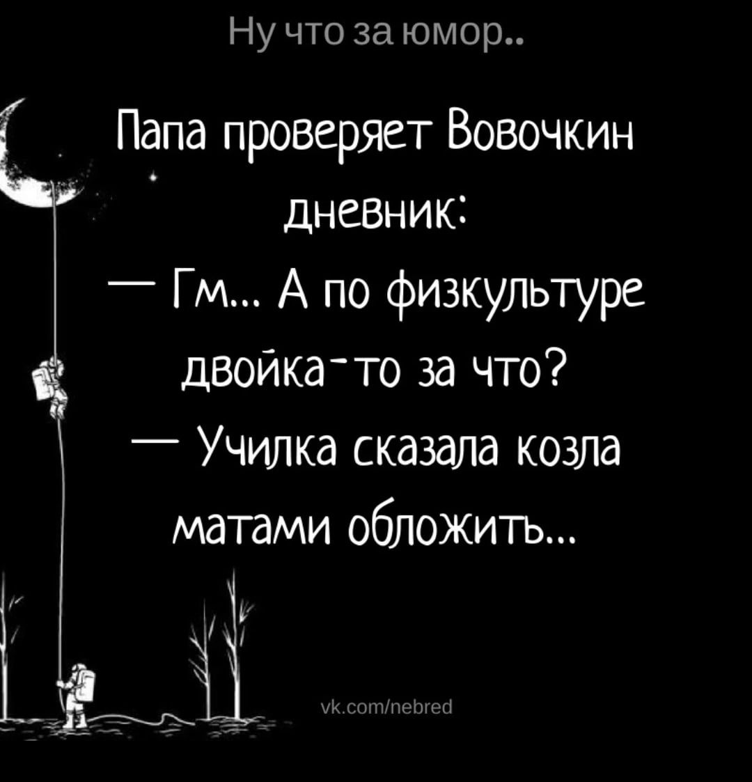 Ну что за юмор Папа проверяет Вовочкин дневник Гм А по физкультуре двойка то за что Училка сказала козла матами обложить