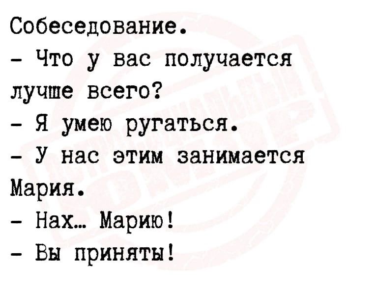 Собеседование Что у вас получается лучше всего Я умею ругаться У нас этим занимается Мария Нах Марию Вы приняты