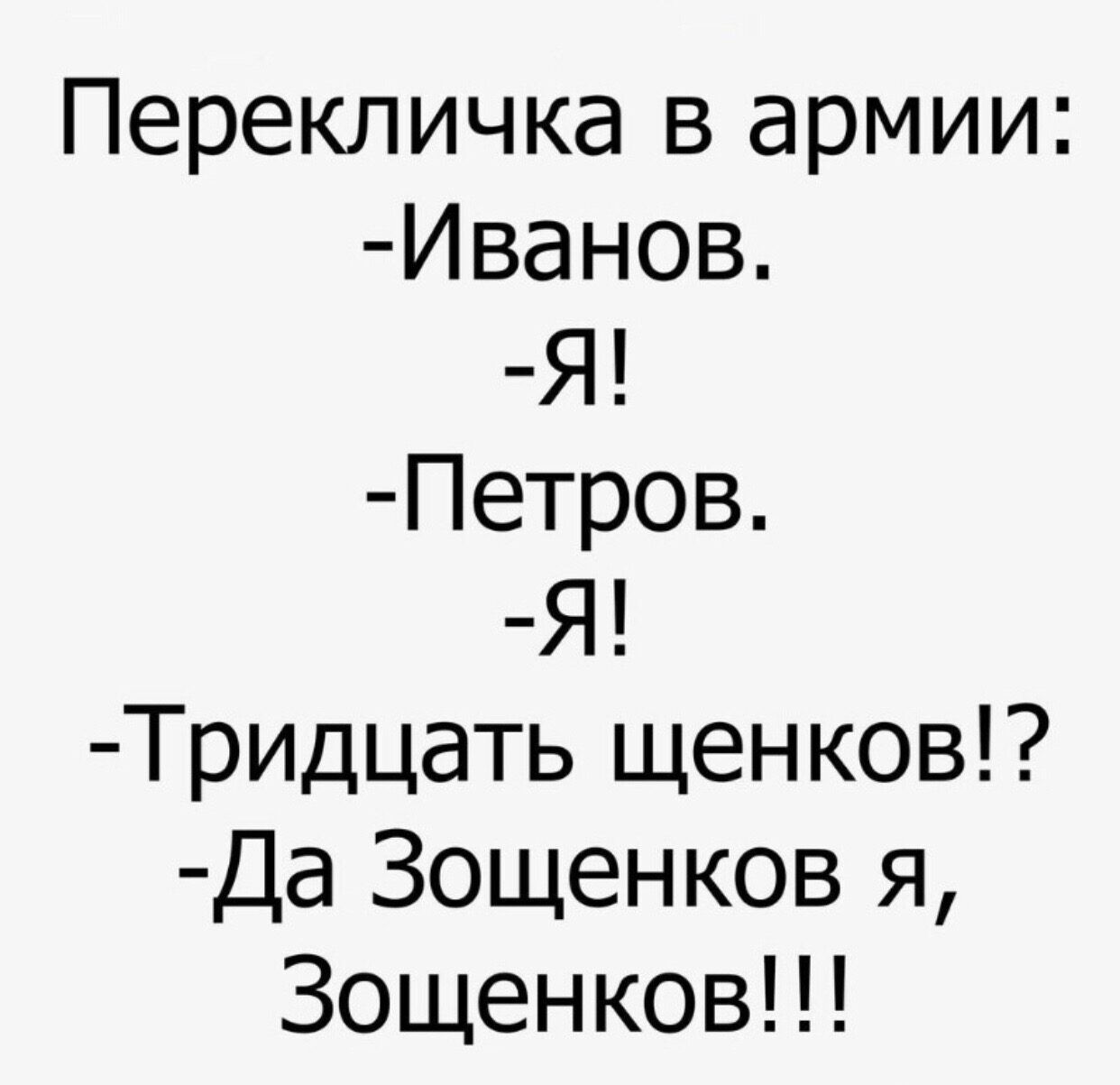 Перекличка в армии Иванов Я Петров Я Тридцать щенков Да Зощенков я Зощенков
