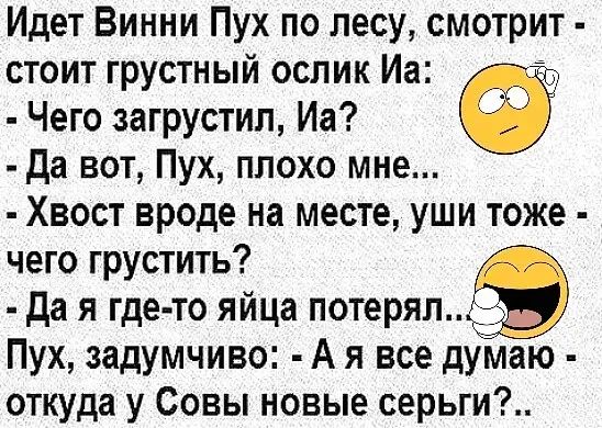 Идет Винни Пух по лесу смотрит стоит грустный ослик Иа Чего загрустил Иа да вот Пух плохо мне Хвост вроде на месте уши тоже чего грустить да я где то яйца потерь тп Пух задумчиво А я все дУМаю откуда у Совы новые серьги
