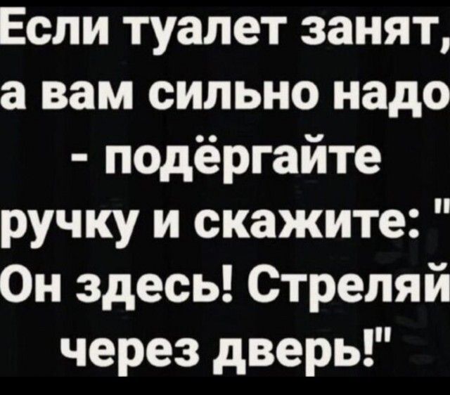 Если туалет занят а вам сильно надо подёргайте ручку и скажите Он здесь Стреляй через дверь