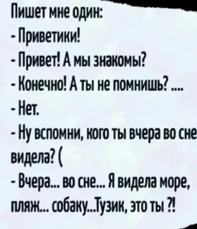Пишет нне один Приветики Привет А мы знакомы Конечно А ты не помнишь Нет Ну вспомни кого ты вчера во сне видела Вчера во сне Я видела море пляж собакуТузии это ты А