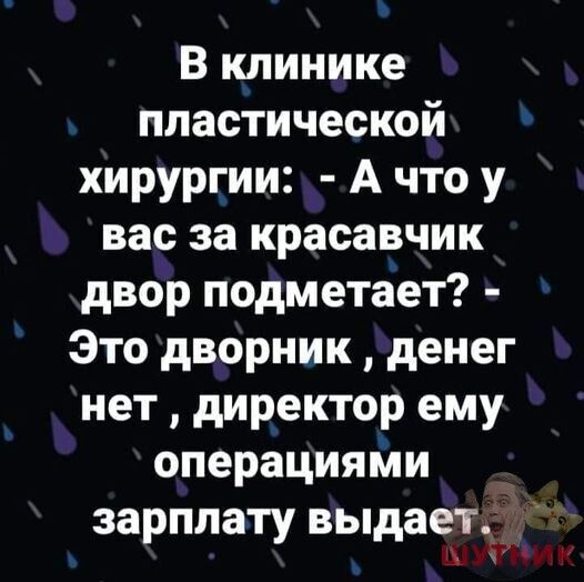 В клинике пластической хирургии А что у вас за красавчик двор подметает Это дворник денег нет директор ему операциями зарплату выдает