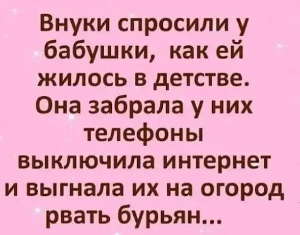 Внуки спросили у бабушки как ей жилось в детстве Она забрала у них телефоны выключила интернет и выгнала их на огород рвать бурьян