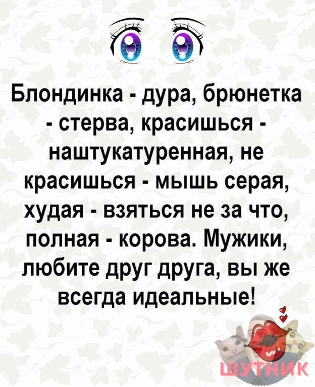 Ё 9 9 Блондинка дура брюнетка стерва красишься наштукатуренная не красишься мышь серая худая взяться не за что полная корова Мужики любите друг друга вы же всегда идеальные
