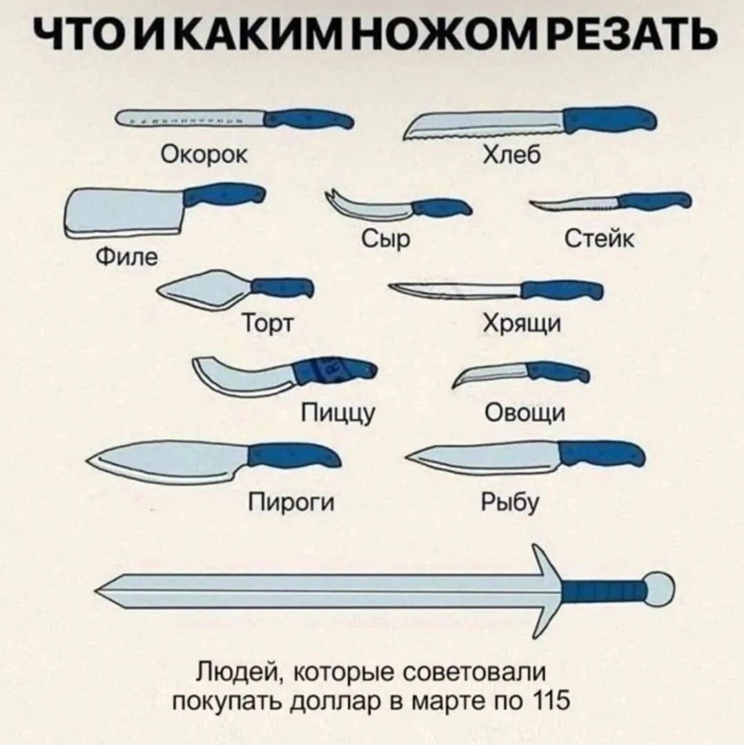 ЧТО И КАКИМ НОЖОМ РЕЗАТЬ _ Скорик Хлеб Ь Филе Сыр Сгеик Торт Хмщи Пищу Овощи Пироги Рыбу Людей которые советовали покупать доллар в маржа по 115