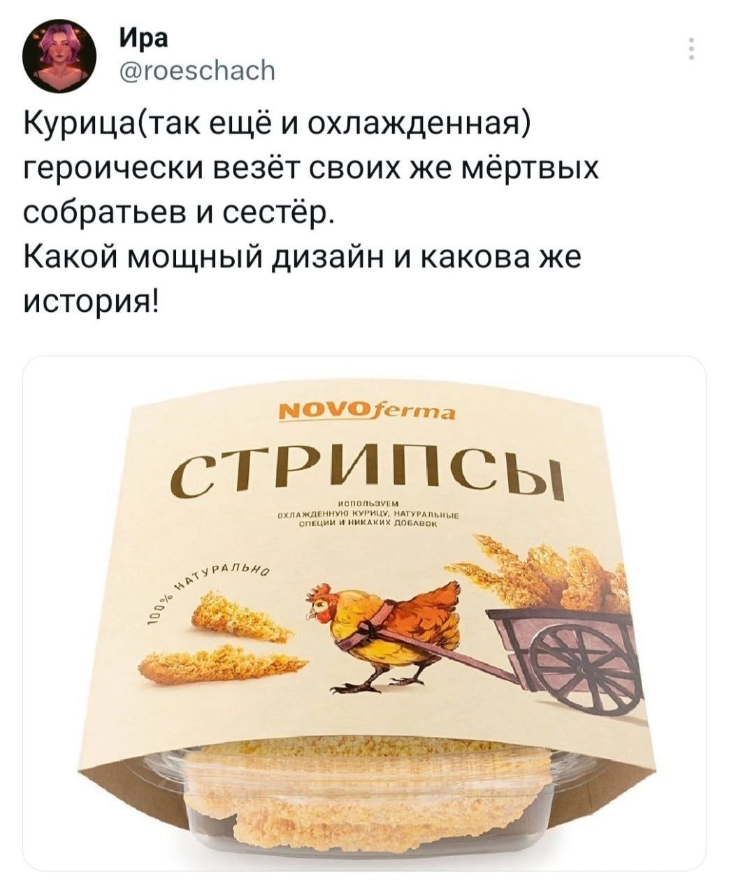 Ира ЮеэспнсЬ Курицатак ещё и охлажденная ГЕРОИЧЕСКИ везёт СВОИХ ЖЕ МёрТЕЫХ собратьев и сестёр Какой мощный дизайн и какова же история