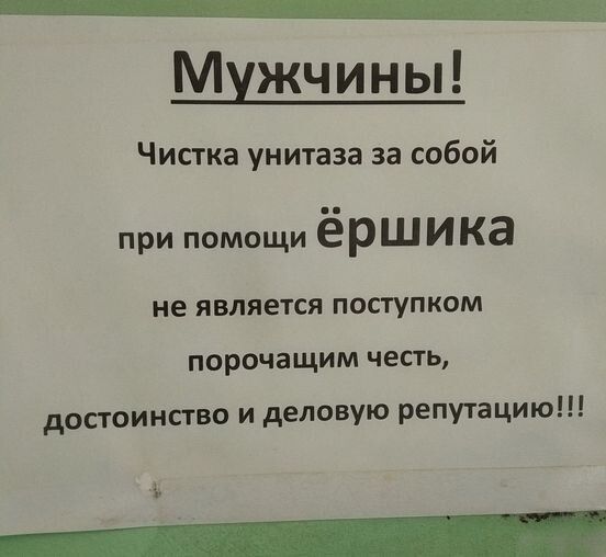 Мужчины Чистка унитаза за собой при помощи ёршика не ЯВЛЯЕТСЯ ПОСТУПКОМ порочащим честь достоинство и деловую репутацию