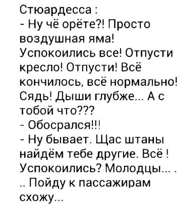 Стюардесса Ну чё орёте Просто воздушная яма Успокоипись все Отпусти кресло Отпусти Всё кончилось всё нормально Сядь Дыши глубже А с тобой что Обосрался Ну бывает Щас штаны найдём тебе другие Всё Успокоипись Молодцы Пойду к пассажирам схожу