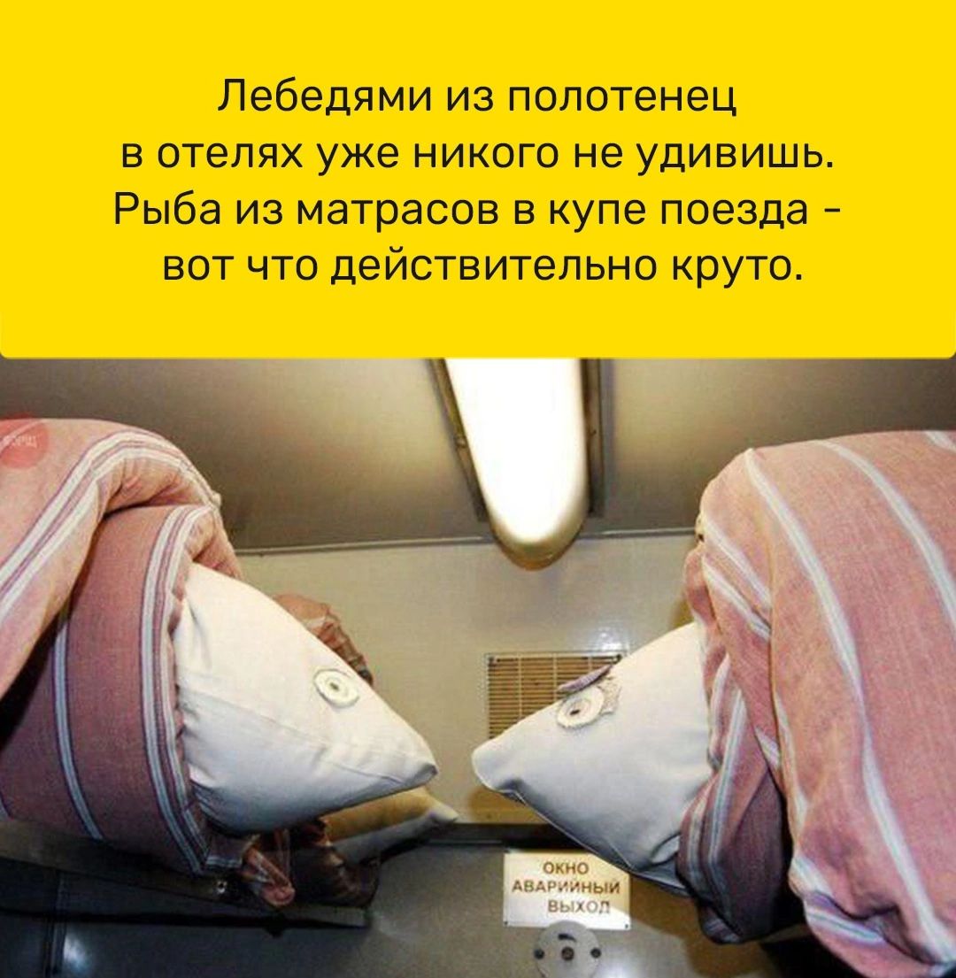 Лебедями из полотенец в отелях уже никого не удивишь Рыба из матрасов в купе поезда вот что действительно круто