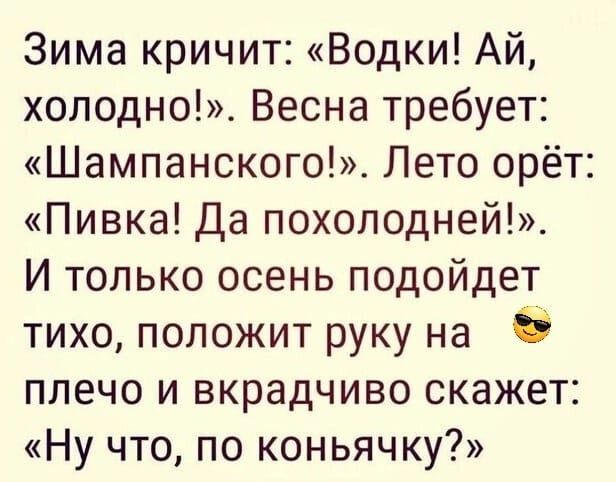 Зима кричит Водки Ай холодно Весна требует Шампанского Лето орёт Пивка Да похолодней И только осень подойдет тихо положит руку на 5 плечо и вкрадчиво скажет Ну что по коньячку